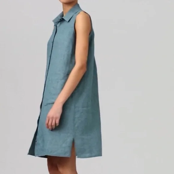 EILEEN FISHER Sleeveless Button Front Shirtdress Washed Organic Linen Blue SZ PL